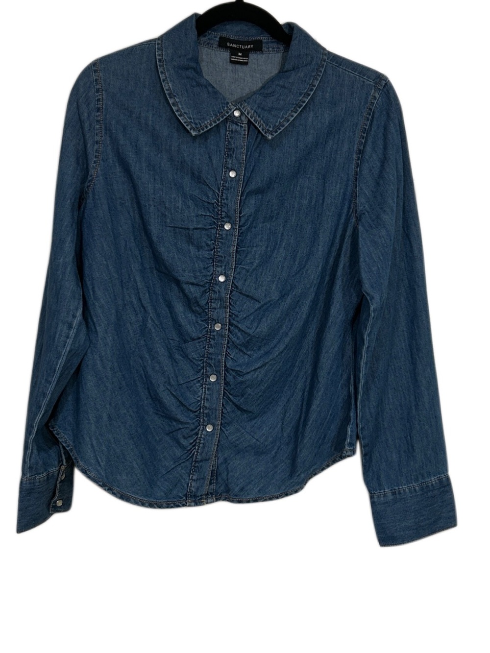 Sanctuary Cotton Denim Pearl Snap Botton-Up Shirt in Medium Blue